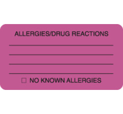 Allergy Warning Labels, ALLERGIES/DRUG REACTIONS - Fl Pink, 3-1/4" X 1-3/4" (Roll of 250)