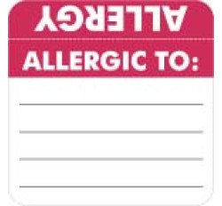 Allergy Warning Labels, ALLERGIC TO: - Red/White (Wrap Around) 2" X 2" (Roll of 250)