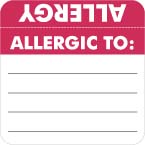 Allergy Warning Labels, ALLERGIC TO: - Red/White (Wrap Around) 2" X 2" (Roll of 250)