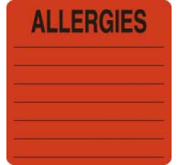 Allergy Warning Labels, ALLERGIES - Fl Red, 2-1/2" X 2-1/2" (Roll of 500) Allergy Warning Labels, ALLERGIES - Fl Red, 2-1/2" X 2-1/2" (Roll of 500)