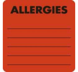 Allergy Warning Labels, ALLERGIES - Fl Red 2" X 2" (Roll of 250) Allergy Warning Labels, ALLERGIES - Fl Red 2" X 2" (Roll of 250)