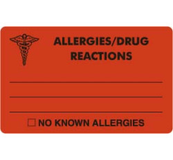 Allergy Warning Labels, ALLERGIES/DRUG REACTIONS - Fl Red, 4" X 2-1/2" (Roll of 100)