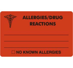 Allergy Warning Labels, ALLERGIES/DRUG REACTIONS - Fl Red, 4" X 2-1/2" (Roll of 100) Allergy Warning Labels, ALLERGIES/DRUG REACTIONS - Fl Red, 4" X 2-1/2" (Roll of 100)