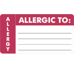 Allergy Warning Labels, ALLERGIC TO: - Red/White (Wrap Around), 3-1/4" X 1-3/4" (Roll of 250) Allergy Warning Labels, ALLERGIC TO: - Red/White (Wrap Around), 3-1/4" X 1-3/4" (Roll of 250)
