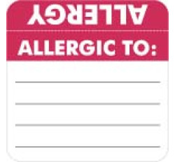 Allergy Warning Labels, ALLERGIC TO: - Red/White (Wrap Around) 2" X 2" (Roll of 250) Allergy Warning Labels, ALLERGIC TO: - Red/White (Wrap Around) 2" X 2" (Roll of 250)