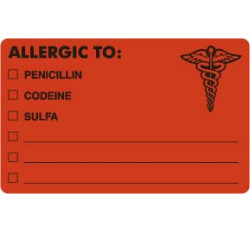 Allergy Warning Labels, ALLERGIC TO: - Fl Red, 4" X 2-1/2" (Roll of 100) Allergy Warning Labels, ALLERGIC TO: - Fl Red, 4" X 2-1/2" (Roll of 100)