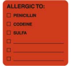 Allergy Warning Labels, ALLERGIC TO: - Fl Red 2" X 2" (Roll of 250) Allergy Warning Labels, ALLERGIC TO: - Fl Red 2" X 2" (Roll of 250)