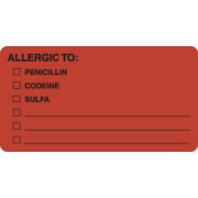 Allergy Warning Labels, ALLERGIC TO: - Fl Red, 3-1/4" X 1-3/4" (Roll of 250)