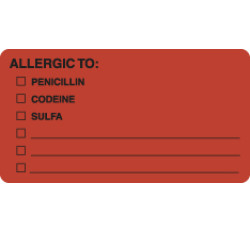 Allergy Warning Labels, ALLERGIC TO: - Fl Red, 3-1/4" X 1-3/4" (Roll of 250) Allergy Warning Labels, ALLERGIC TO: - Fl Red, 3-1/4" X 1-3/4" (Roll of 250)