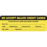 Billing Collection Labels, WE ACCEPT MAJOR CREDIT CARDS - Fl Chartreuse, 3" X 1" (Roll of 250)
