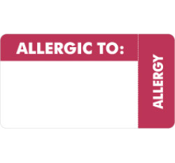 Allergy Warning Labels, ALLERGIC TO: - Red/White (Wrap Around), 3-1/4" X 1-3/4" (Roll of 250) Allergy Warning Labels, ALLERGIC TO: - Red/White (Wrap Around), 3-1/4" X 1-3/4" (Roll of 250)