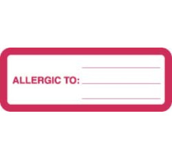 Allergy Warning Labels, ALLERGIC TO: - Red/White, 3" X 1-1/8" (Roll of 320) Allergy Warning Labels, ALLERGIC TO: - Red/White, 3" X 1-1/8" (Roll of 320)